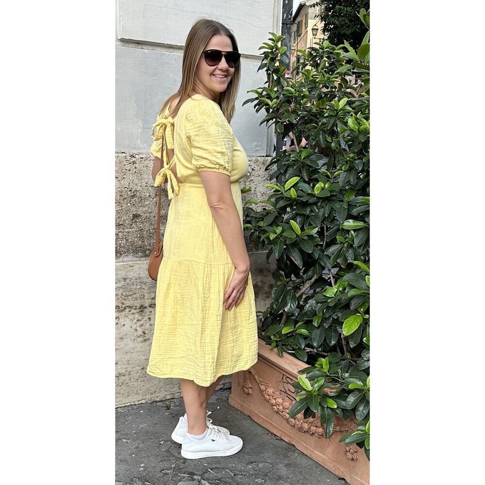 LOVE WHIT Yellow 100% Cotton Crewneck Short Sleeve Tie Back Dress Size Medium - Picture 14 of 14